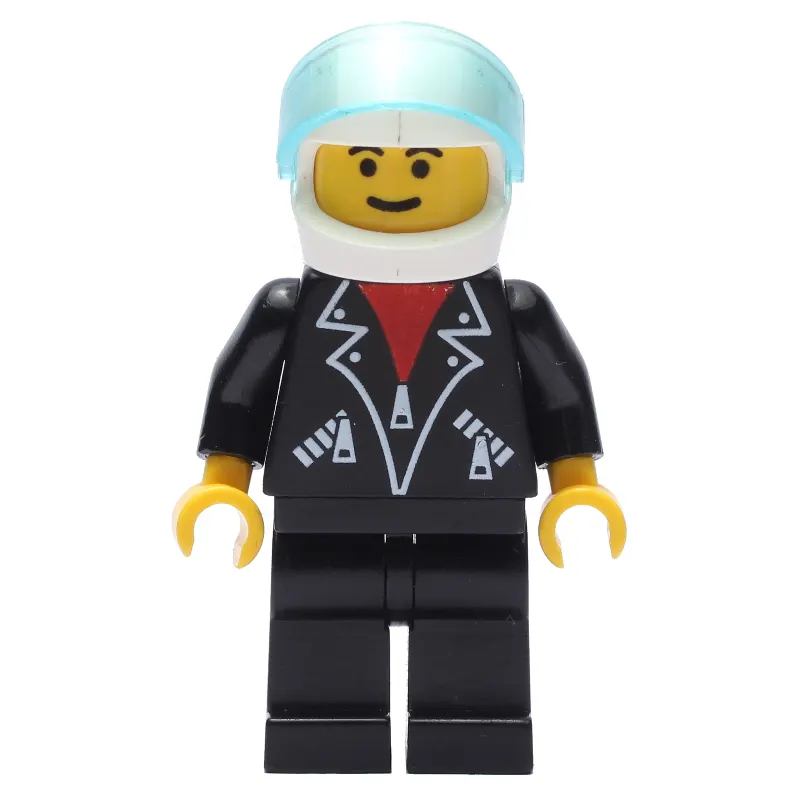 Man, Open Black Jacket over Red Shirt, Black Legs, Helmet and Visor
