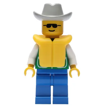 Man, Green Jacket, Blue Legs, Light Gray Cowboy Hat, Yellow Life Vest, Sunglasses