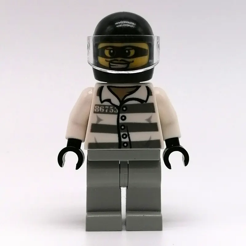 Criminal, Prison Shirt with #86753, Light Bluish Gray Legs, Black Helmet with Visor, Eyemask