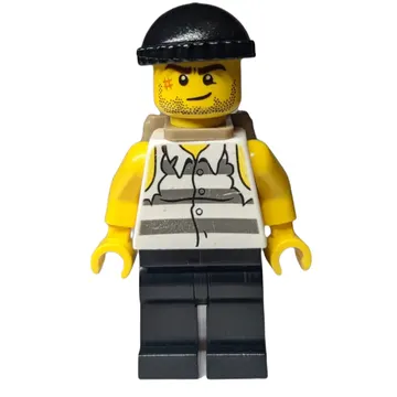 Criminal, Torn Prison Shirt, Black Legs, Black Hat, Dark Tan Backpack, Stubble and Scar