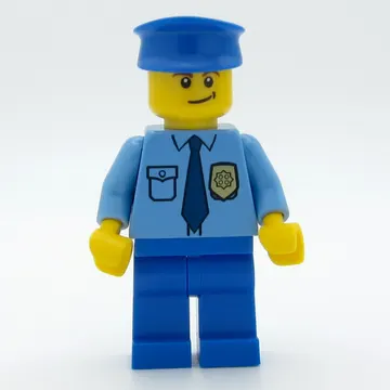Policeman, Medium Blue Shirt with Badge and Tie, Blue Legs, Blue Hat, Brown Eyebrows