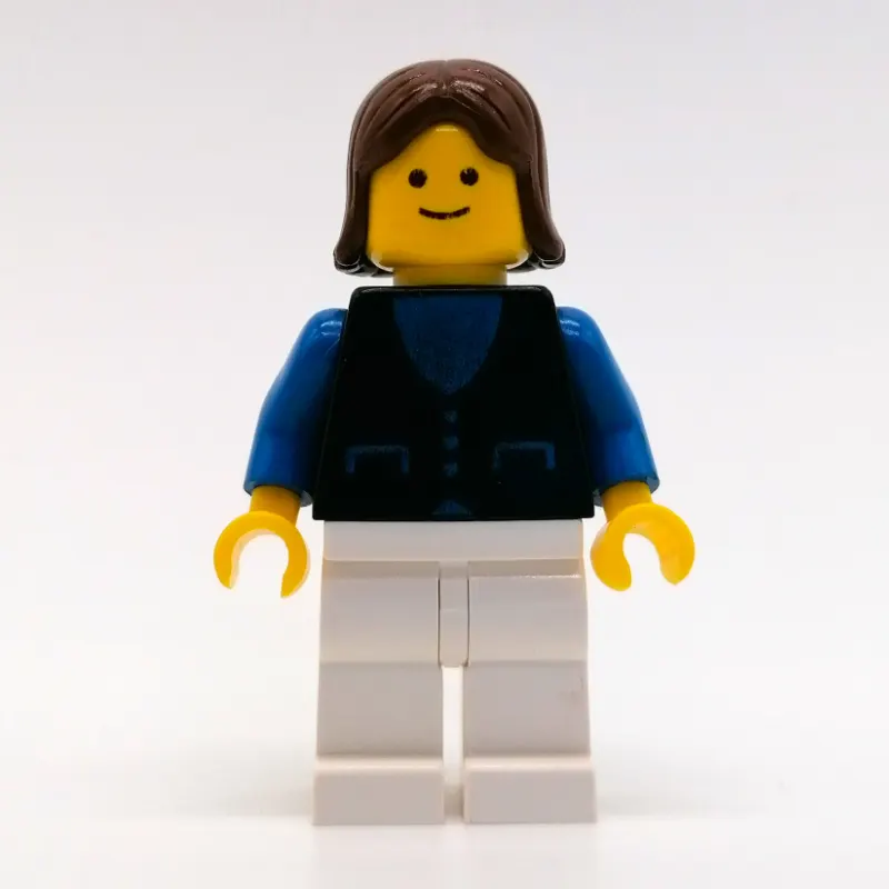 Woman, Black Vest over Blue Top, White Legs, Brown Hair