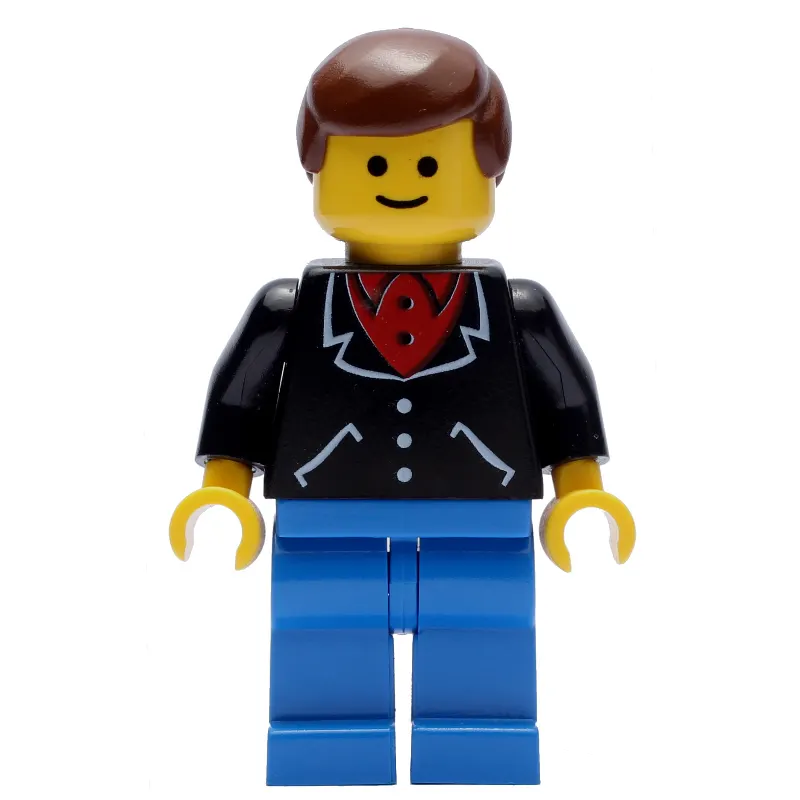 Man, Black Jacket over Red Shirt, Blue Legs, Brown Hair