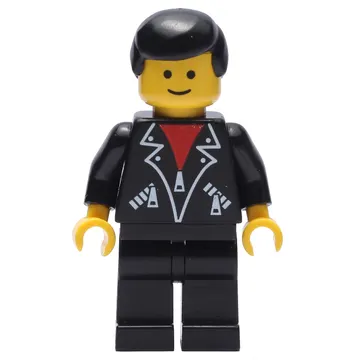 Man, Open Black Jacket over Red Shirt, Black Legs, Black Hair