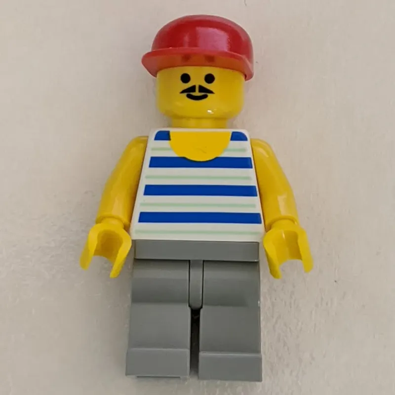 Man, Blue and White Striped Tank Top, Red Cap, Moustache