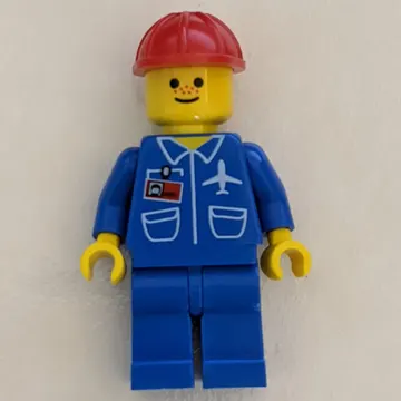 Ground Crew, Blue Jumpsuit with Plane and ID Badge, Red Hard Hat