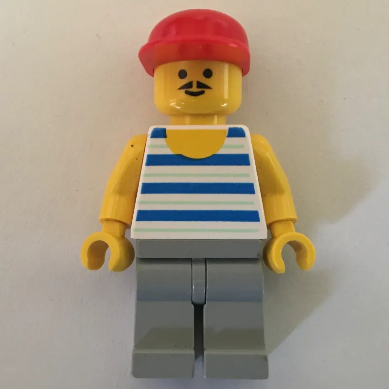 Man, Blue and White Striped Tank Top, Light Gray Legs, Red Cap, Moustache