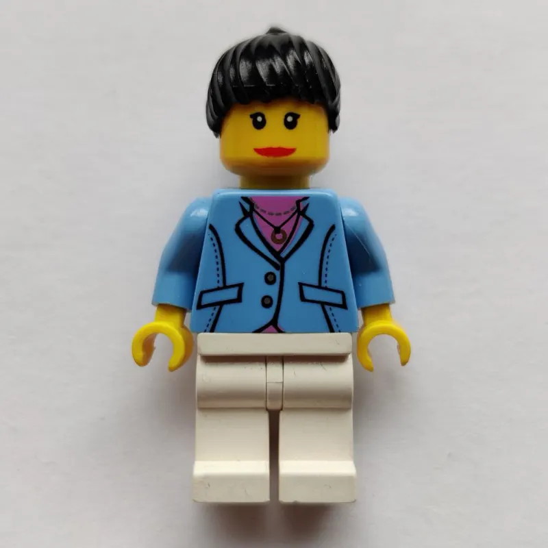 Woman, Medium Blue Jacket, White Legs, Black Ponytail Hair