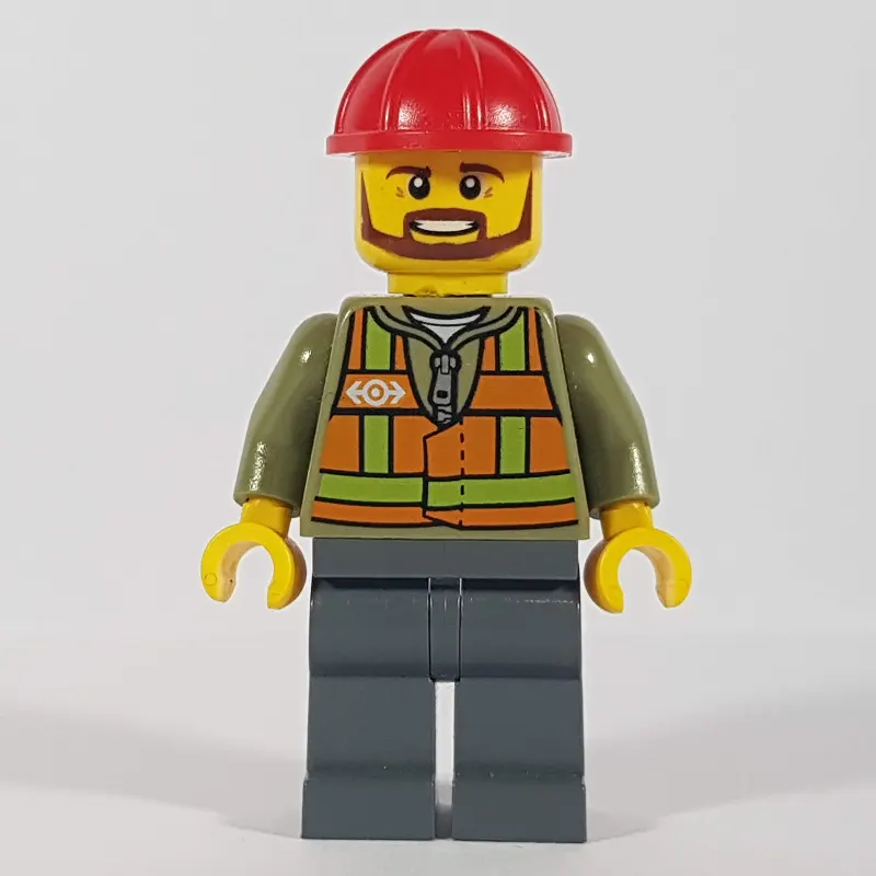 Train Worker, Orange Safety Vest with Train Logo over Olive Green Hoodie, Dark Bluish Gray Legs, Red Hard Hat, Brown Beard