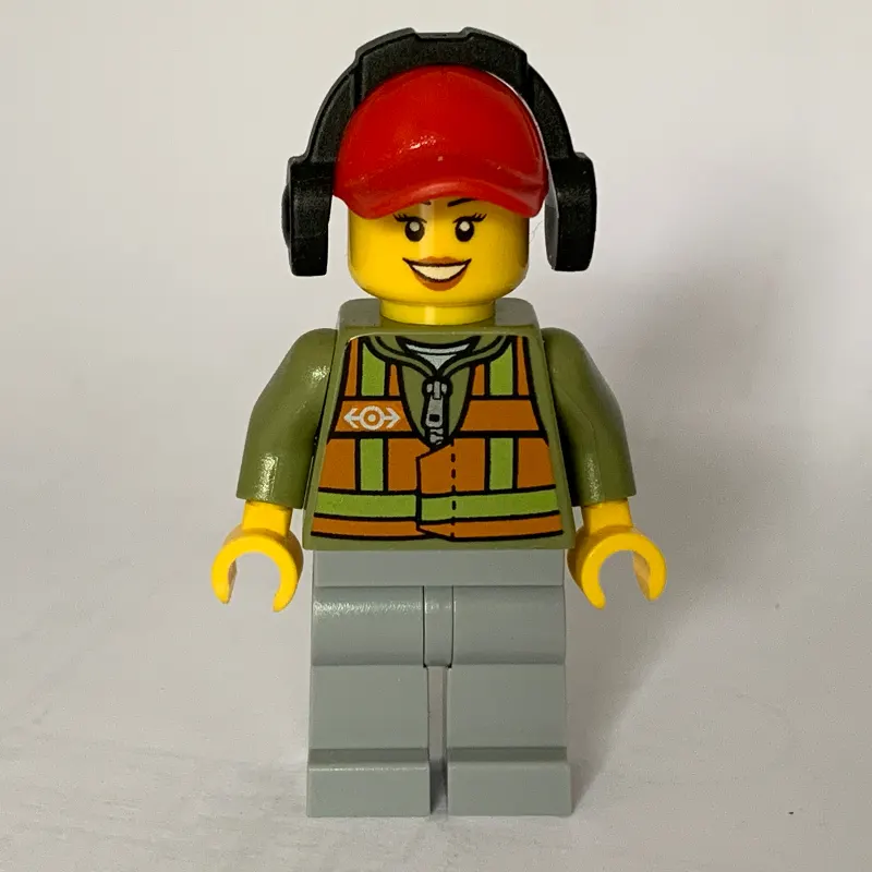 Train Worker, Woman, Orange Safety Vest with Train Logo over Olive Green Hoodie, Light Bluish Gray Legs, Red Cap with Ear Defenders