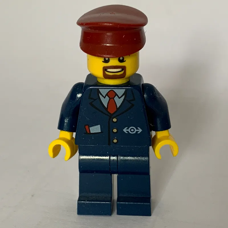 Train Conductor, Dark Blue Suit with Tie and Train Logo, Dark Red Hat, Goatee Beard