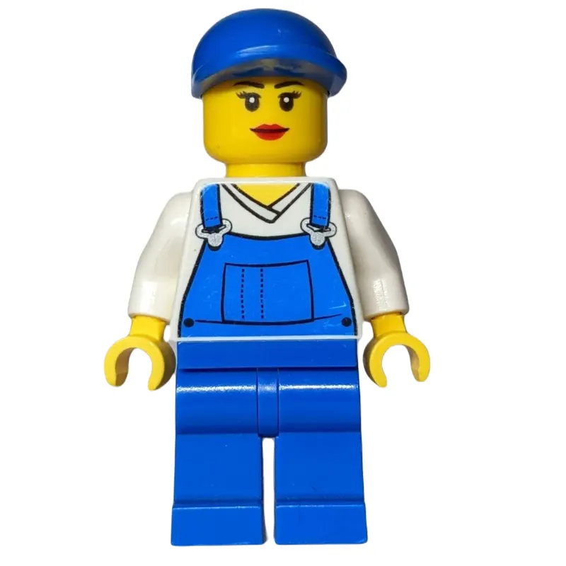 Woman, Blue Overalls over White V-Neck Shirt, Blue Cap