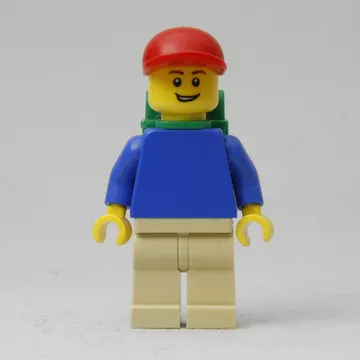 Blue Torso, Tan Legs, Red Cap, Green Backpack