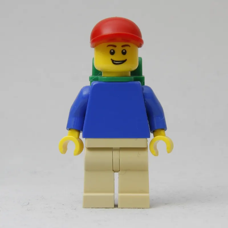 Blue Torso, Tan Legs, Red Cap, Green Backpack