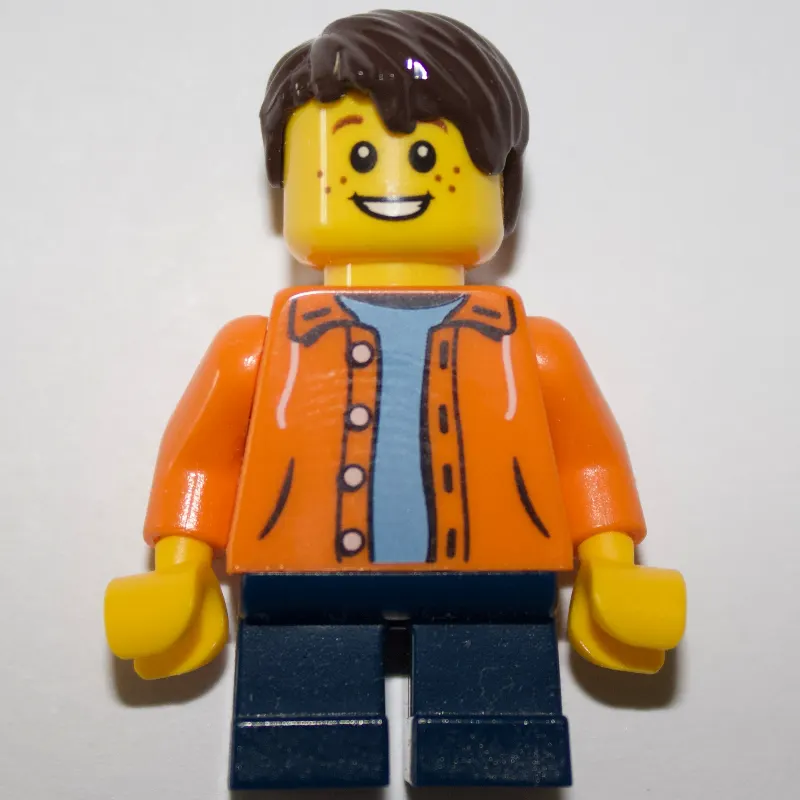 Kid - Orange Torso, Dark Blue Legs, Dark Brown Hair