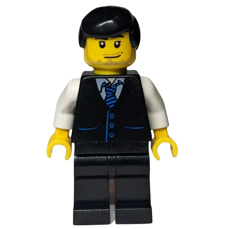 Man, Black Vest over White Shirt with Tie, Black Legs, Black Hair, Stubble