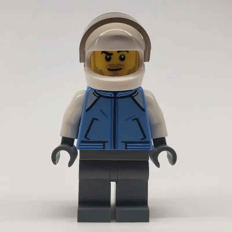 Pilot, Medium Blue Jacket, Dark Bluish Gray Legs, White Helmet with Visor, Stubble