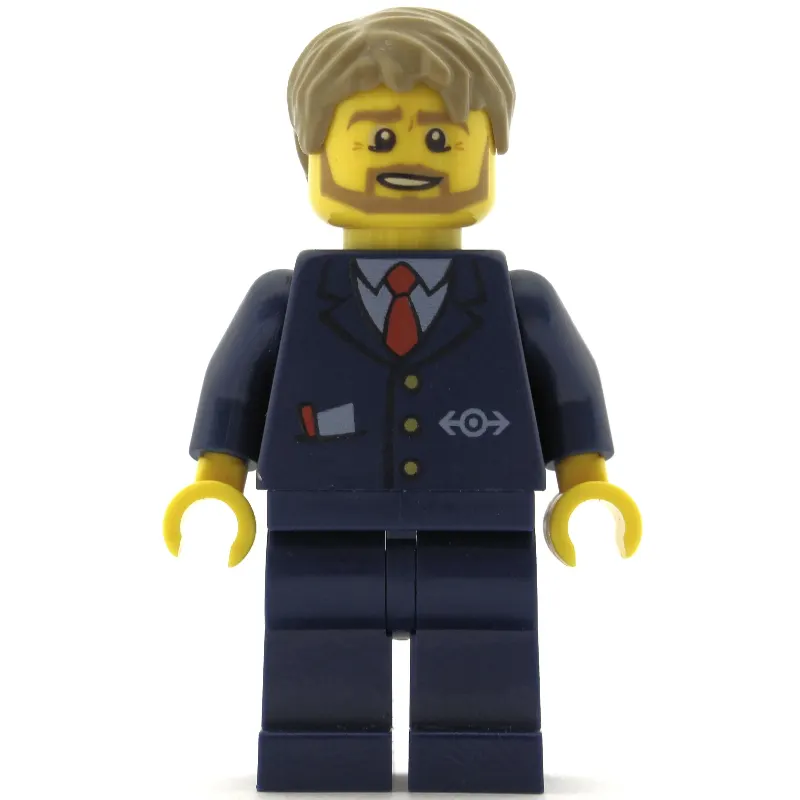 Bus Driver, Dark Blue Suit with Train Logo, Dark Tan Hair, Beard