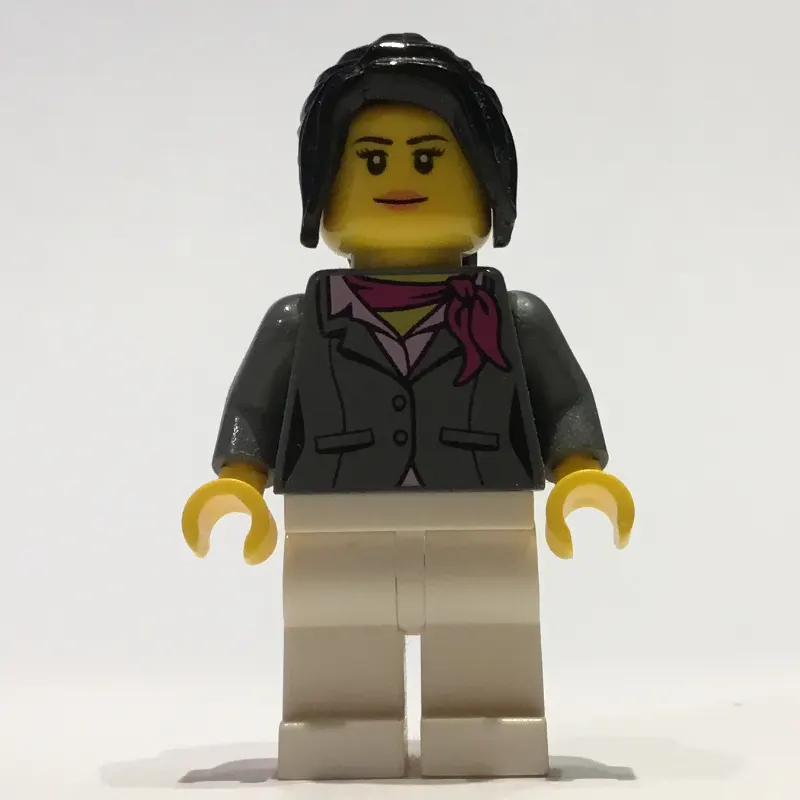 Woman, Dark Bluish Gray Jacket with Magenta Scarf, White Legs, Black Ponytail Hair