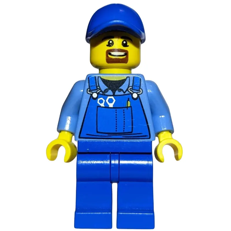 Man, Blue Overalls over Shirt, Blue Legs, Blue Cap, Goatee Beard