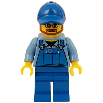 Man, Blue Overalls over Shirt, Blue Legs, Blue Cap, Beard and Glasses