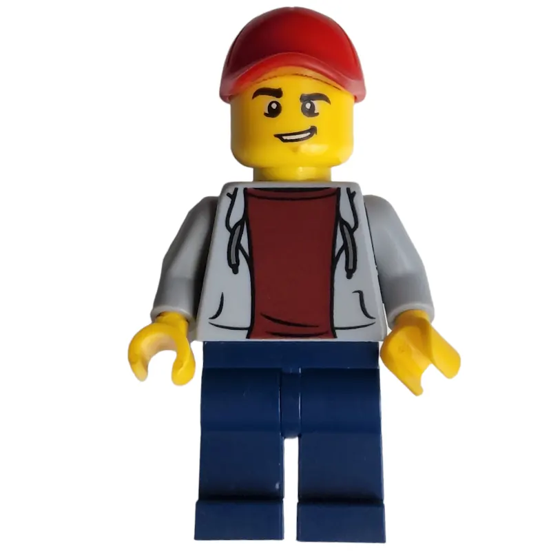 Man, Open Light Bluish Gray Hoodie over Dark Red Shirt, Dark Blue Legs, Red Cap