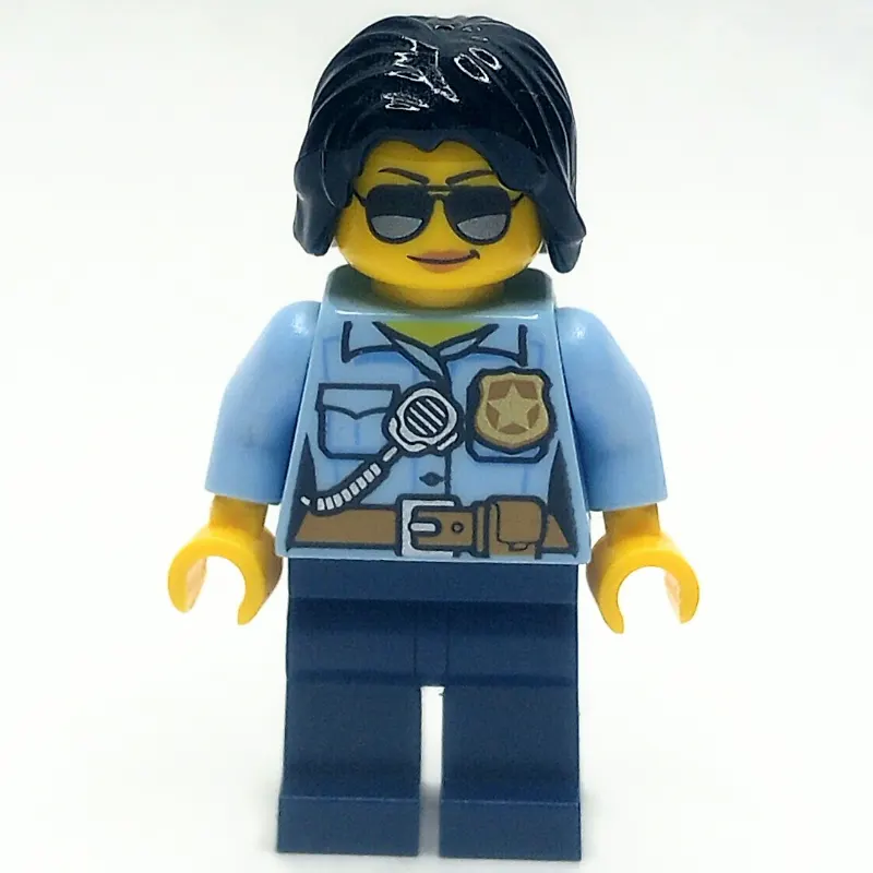 Policewoman, Bright Light Blue Shirt with Radio and Badge, Dark Blue Legs, Black Hair, Sunglasses