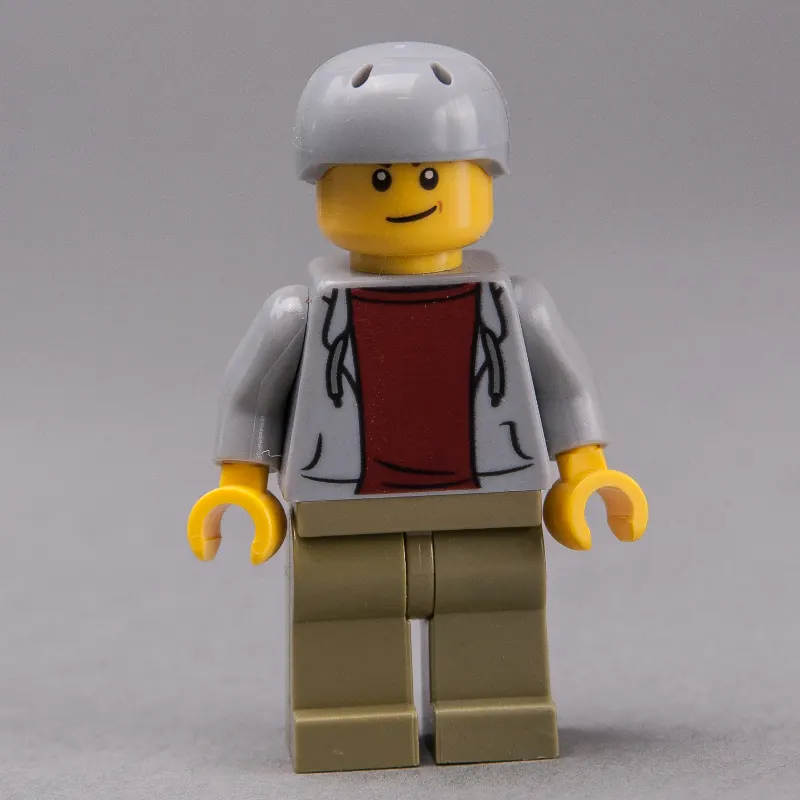 Man, Open Light Bluish Gray Hoodie over Dark Red Shirt, Olive Green Legs, Light Bluish Gray Helmet