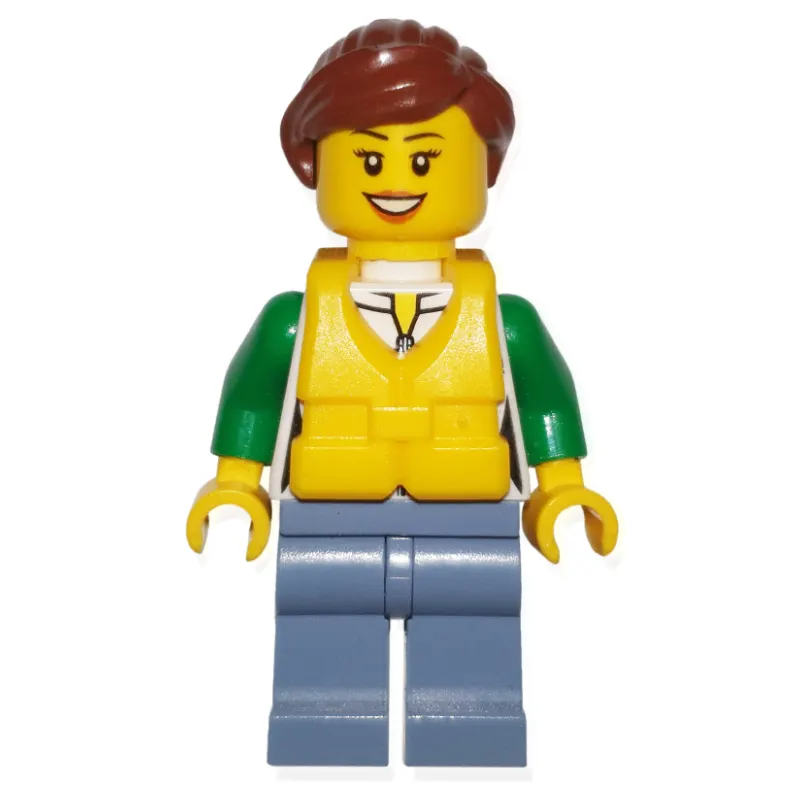 Woman, Green and White Jacket with Zipper, Sand Blue Legs, Reddish Brown Hair, Yellow Life Vest