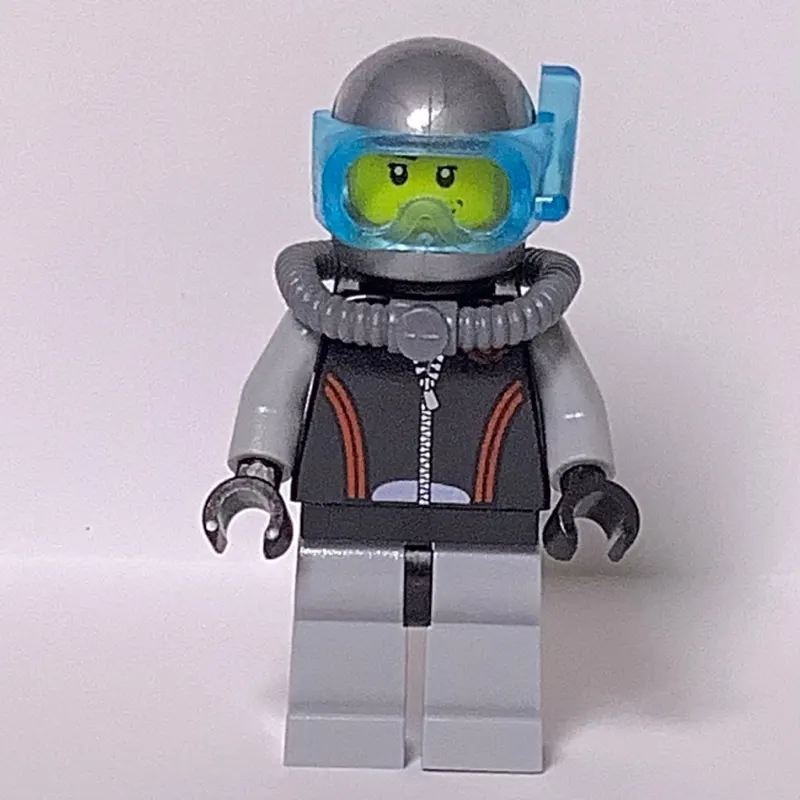 Diver, Black and Gray Wetsuit, Helmet with Mask, Airtank, Stubble