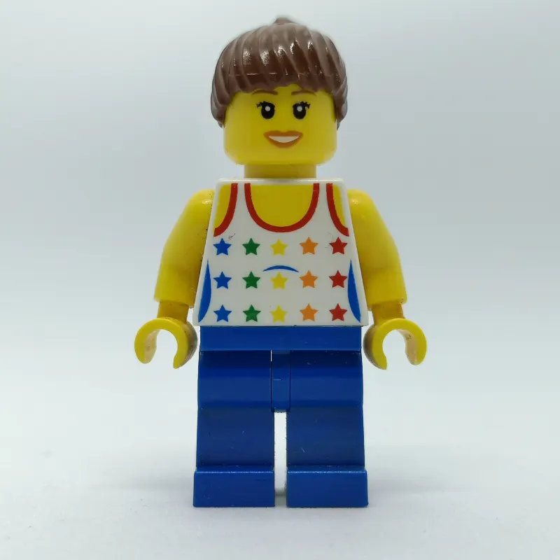 Woman, White Vest with Stars, Blue Legs, Reddish Brown Hair