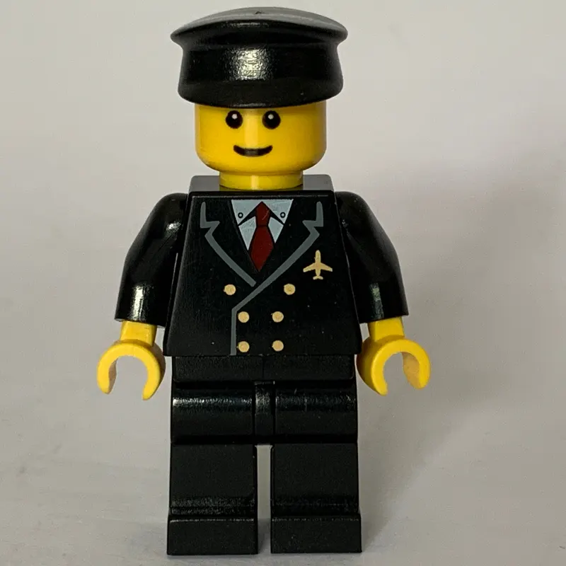 Pilot, Black Suit with Tie and Airplane Badge, Black Hat, Brown Eyebrows