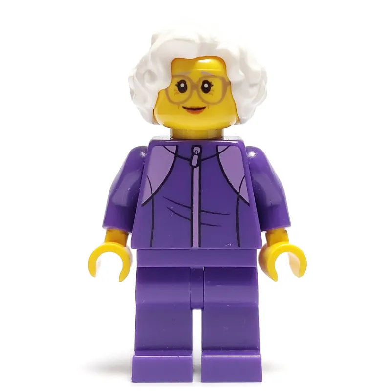 Woman, Dark Purple Jogging Suit, White Hair, Large Glasses