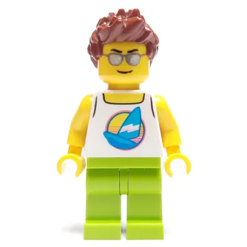 Man, White Tank Top with Windsurfer, Lime Legs, Reddish Brown Hair, Silver Sunglasses