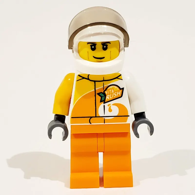 Racer, White and Orange Jumpsuit with 'VITA RUSH', White Helmet with Visor (3626cpr1144 Head)
