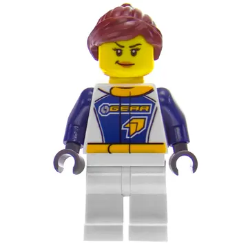 Racer, Woman, Dark Blue and White Jumpsuit with 'GEAR', Reddish Brown Hair