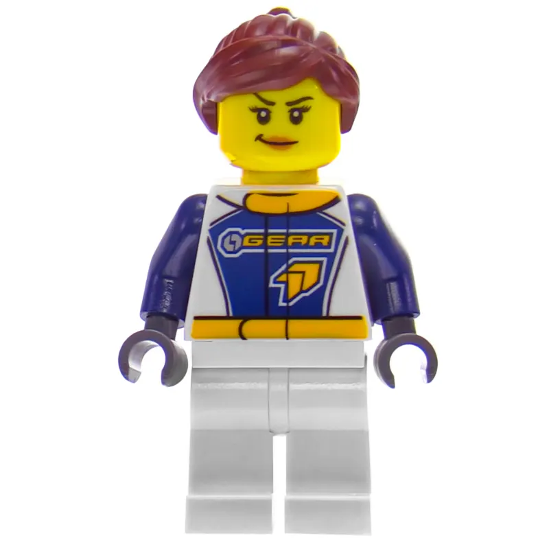 Racer, Woman, Dark Blue and White Jumpsuit with 'GEAR', Reddish Brown Hair