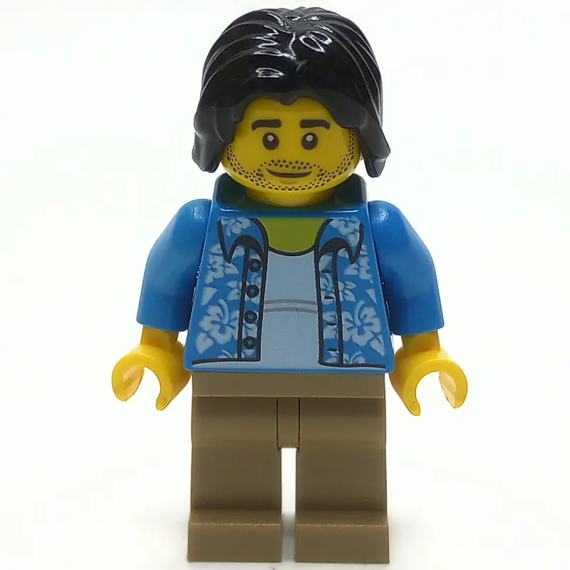 Man, Open Dark Azure Hawaiian Shirt, Dark Tan Legs, Black Hair