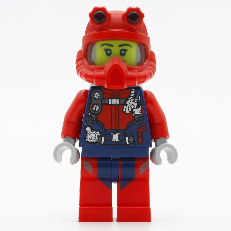 Diver, Woman, Red and Dark Blue Wetsuit with Straps and Gauges, Red Diving Helmet, Airtanks, Open Mouth