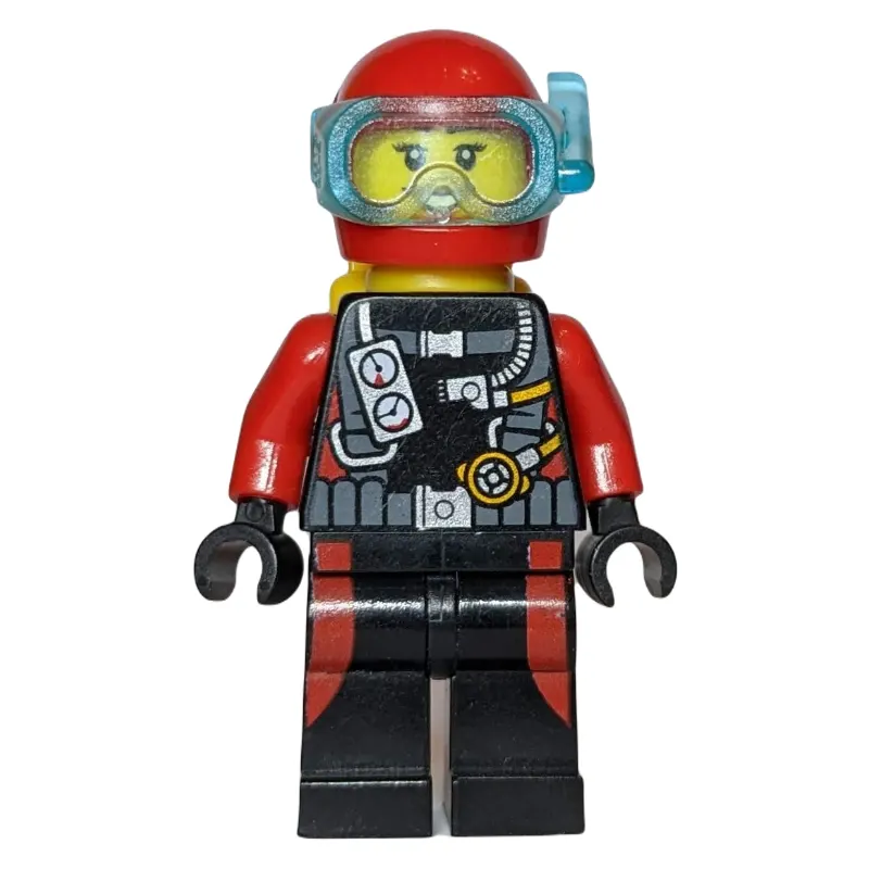 Diver, Woman, Black and Red Wetsuit with Gauges, Red Helmet with Mask
