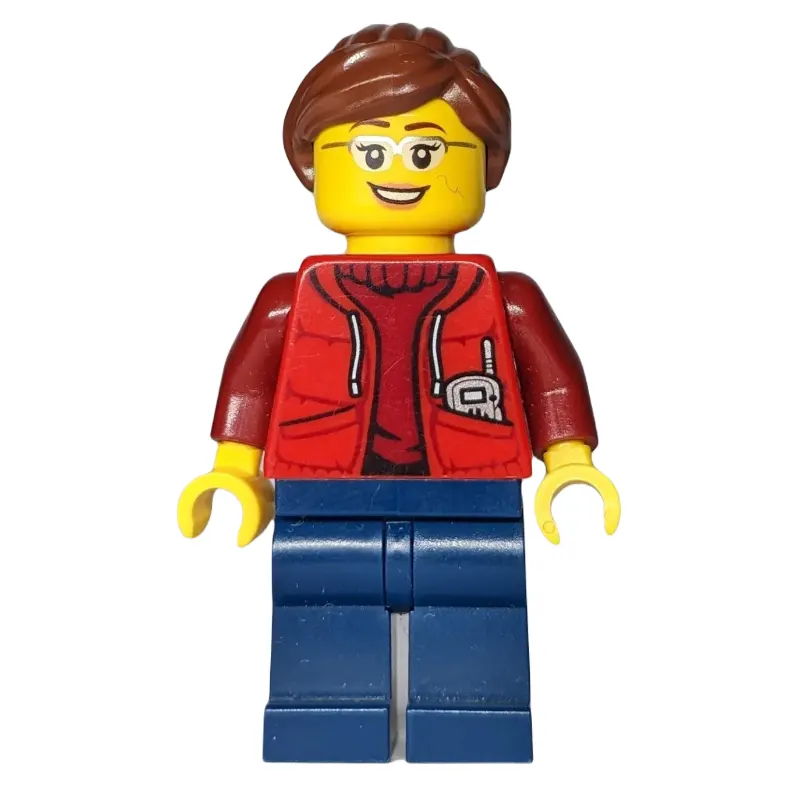 Marine Explorer, Woman, Open Red Jacket over Dark Red Sweater, Reddish Brown Hair, Glasses