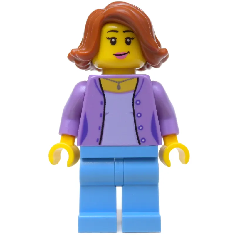 Woman, Open Medium Lavender Shirt over Lavender Top, Medium Blue Legs, Dark Orange Hair