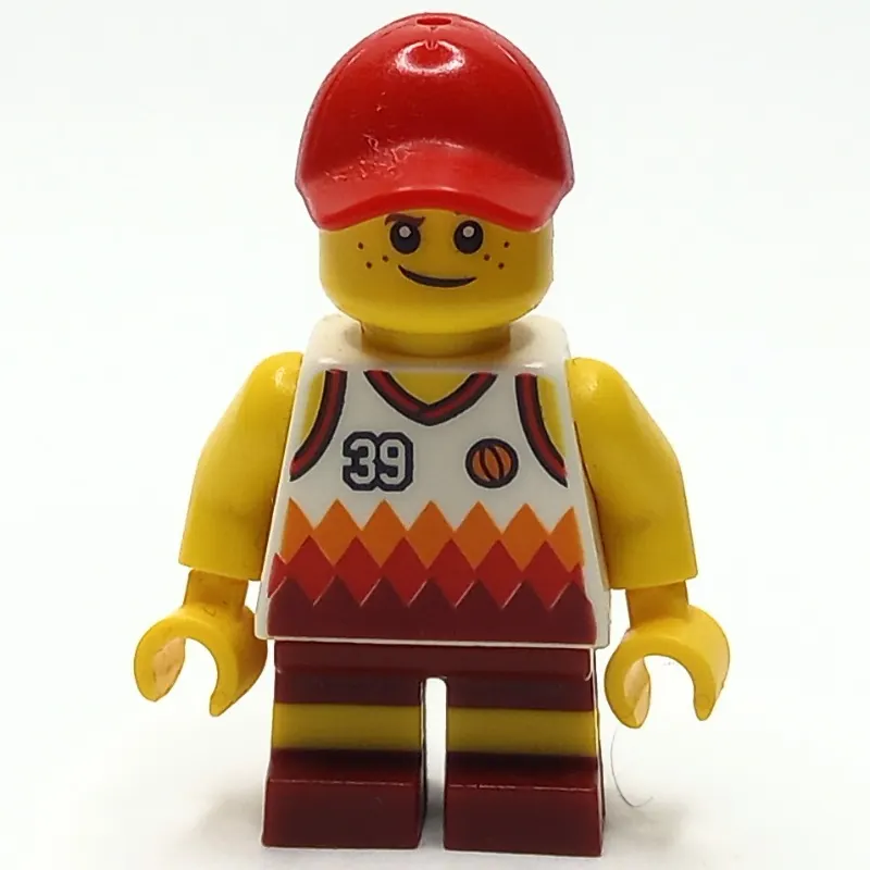 Boy, White and Dark Red Basketball Jersey with '39', Dark Red Shorts, Red Cap