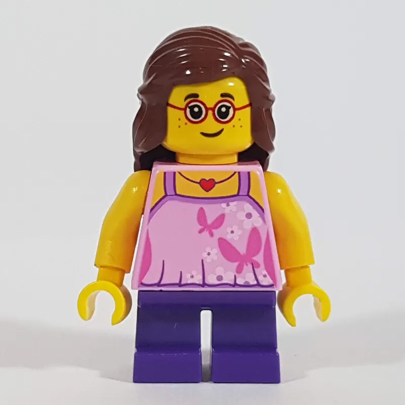 Girl, Bright Pink Top with Butterflies, Dark Purple Legs, Reddish Brown Hair, Glasses