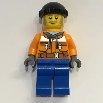 Worker, Orange Safety Jacket over Hoodie, Blue Legs, Black Hat, Moustache
