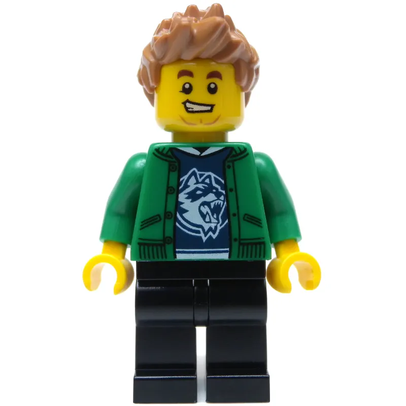 Man, Open Green Jacket, Black Legs, Medium Nougat Hair