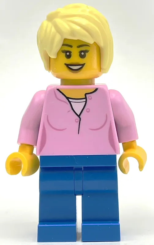 Woman, Bright Pink Top, Blue Legs, Bright Light Yellow Hair