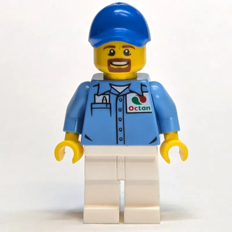 Man, Medium Blue Shirt with Octan Logo, White Legs, Blue Cap, Goatee Beard