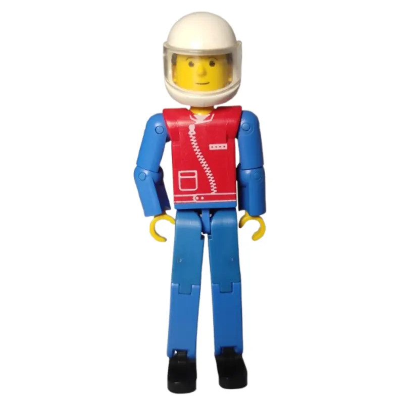 Technic Figure Blue Legs, Red Top with Zip, Blue Arms, Black Hair - White Helmet