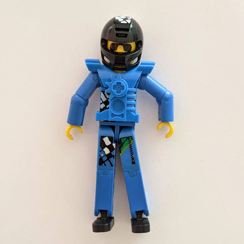 Technic Figure Blue Legs, Blue Top with Technic Logo, Black Hair and Sunglasses - Black Helmet